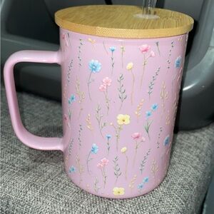 Floral Pink Cup with Bamboo Lid & Straw